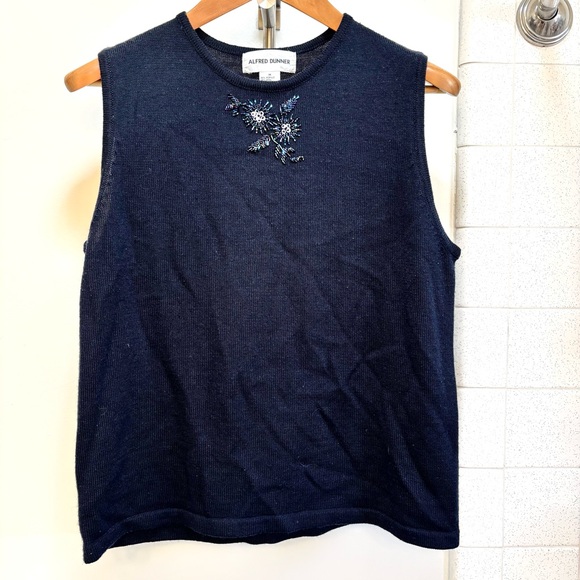 Alfred Dunner Tops - Vintage Alfred Dunner Navy Sleeveless Knit Tank Vest Beaded Floral Wool Size M